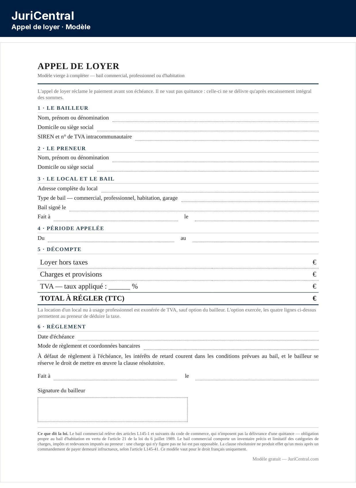 Modèle d'appel de loyer vierge à remplir, avec les mentions du bail, la période appelée et le détail du loyer