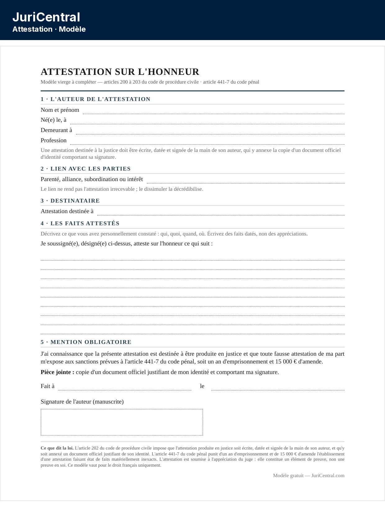 Modèle d'attestation sur l'honneur vierge à remplir, avec la formule « Je soussigné » et l'emplacement de la signature