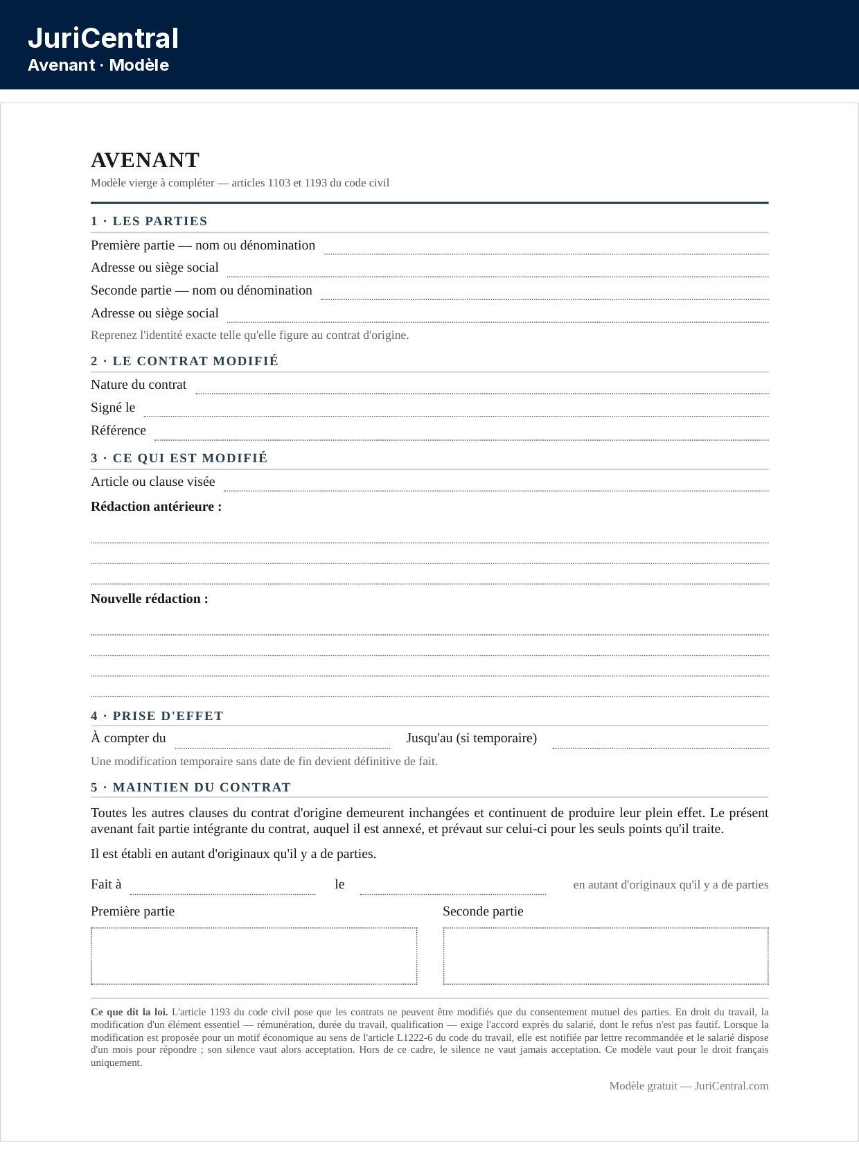 Modèle d'avenant vierge à remplir, avec le rappel du contrat initial, la clause modifiée et la date d'effet