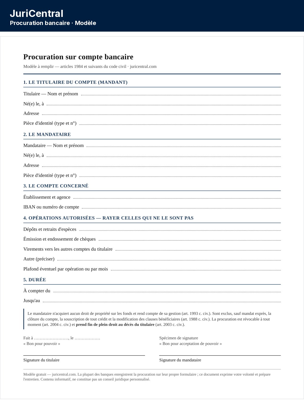 Modèle de procuration bancaire vierge à remplir, avec le titulaire du compte, le mandataire et les opérations autorisées