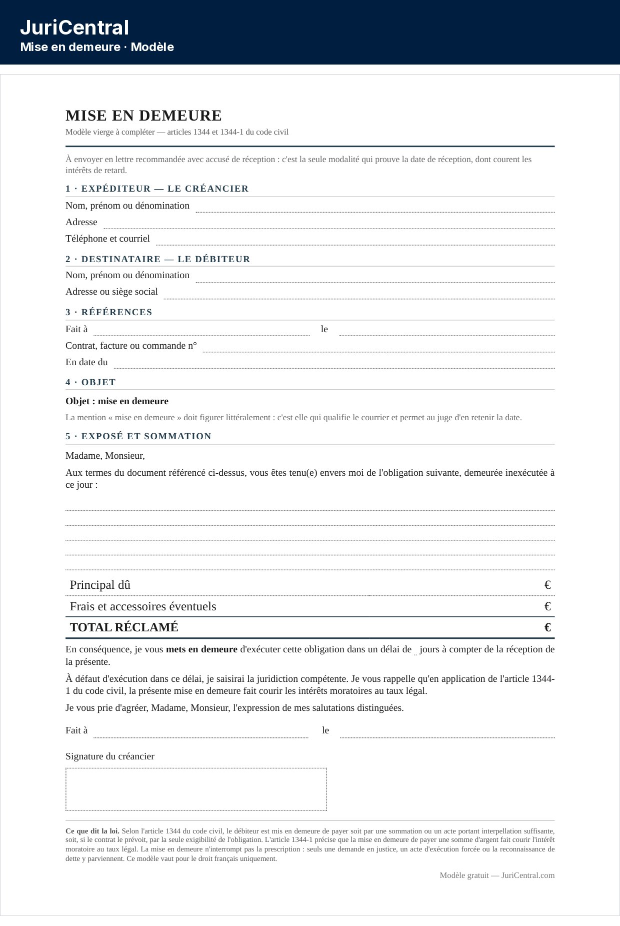 Modèle de mise en demeure vierge à remplir, avec l'obligation rappelée, le délai imparti et la référence légale