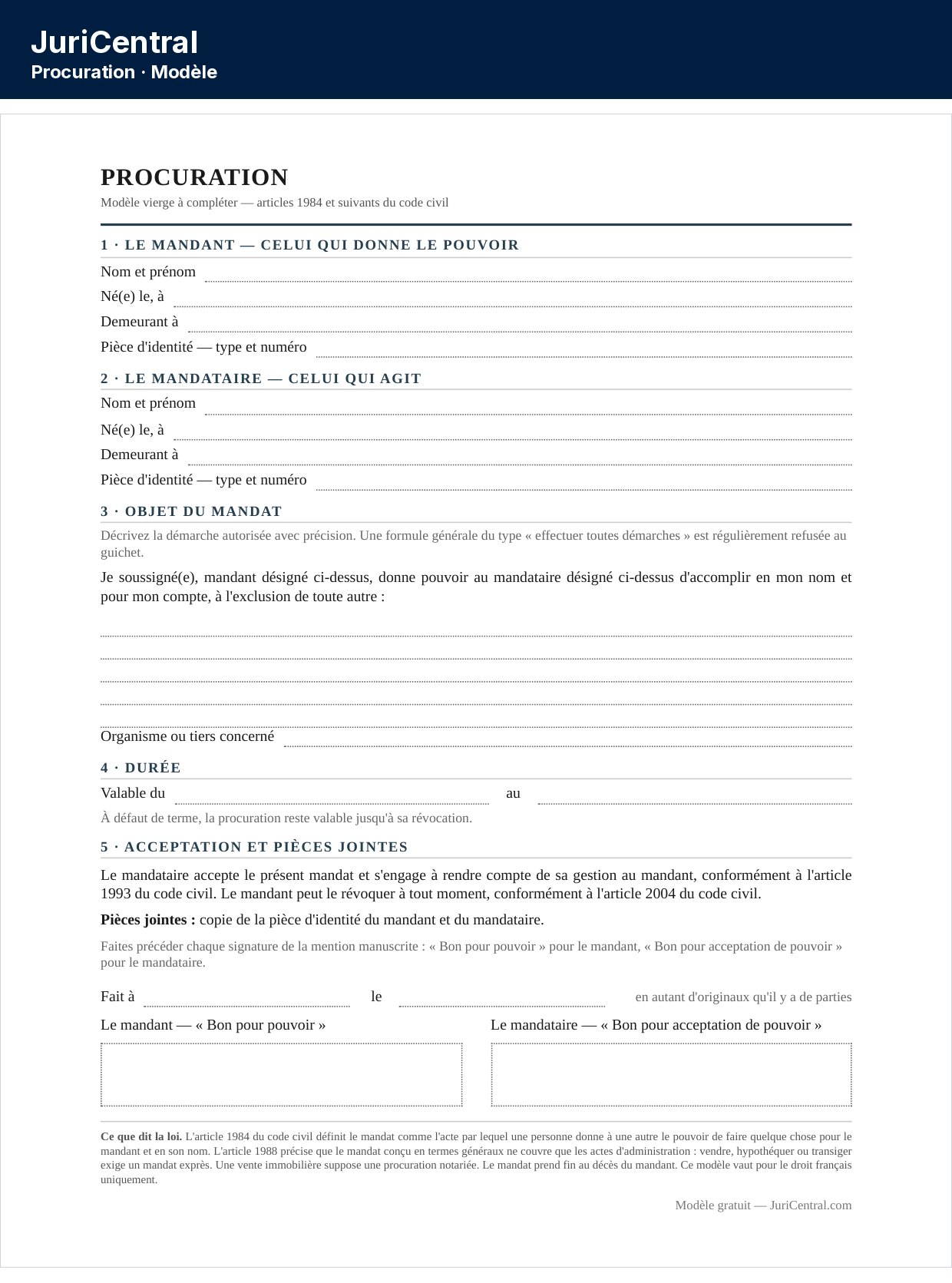 Modèle de lettre de procuration vierge à remplir, avec le mandant, le mandataire, l'objet du mandat et les deux signatures