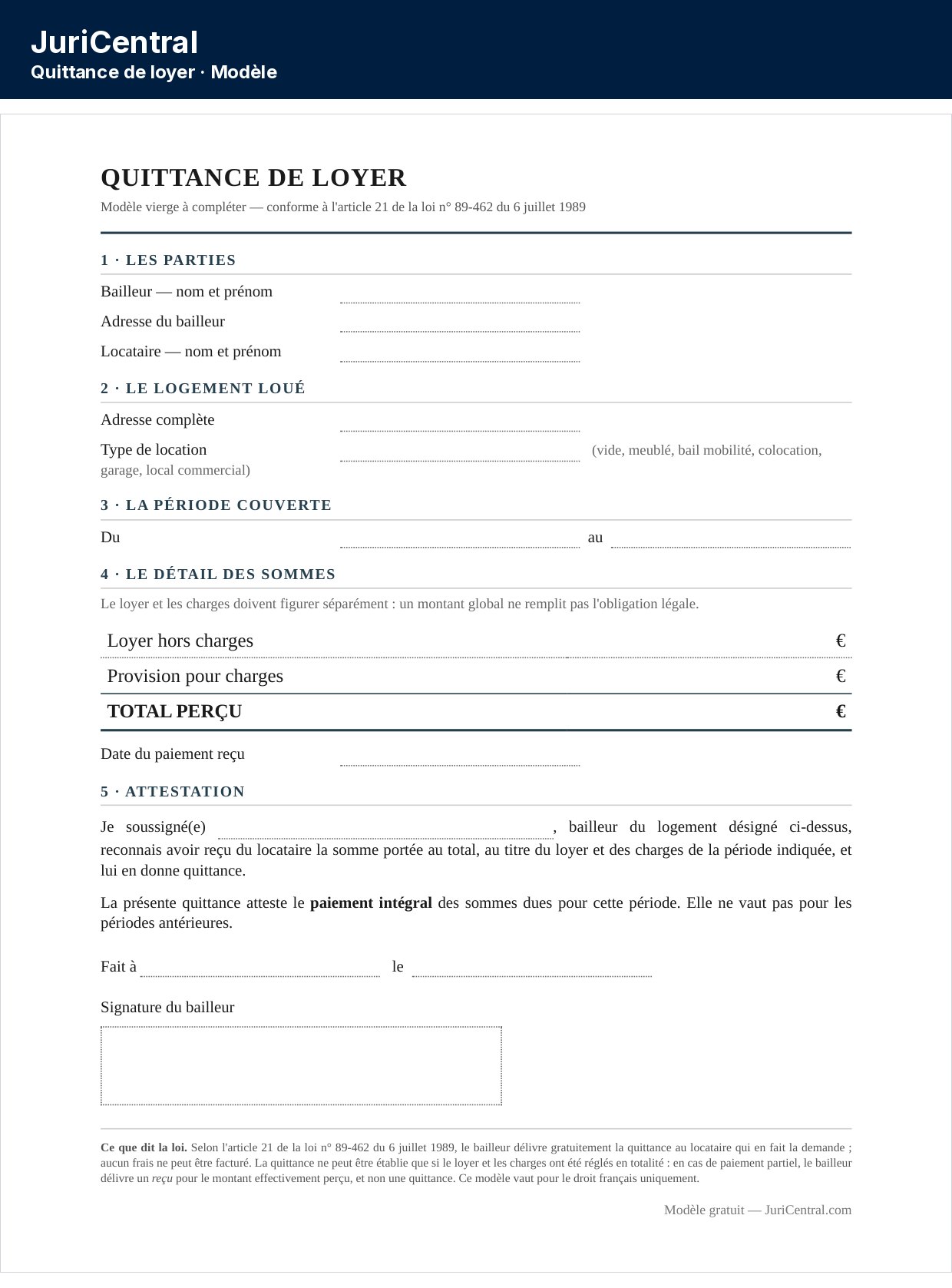 Modèle de quittance de loyer vierge à remplir, avec la période quittancée, le loyer et les charges séparés
