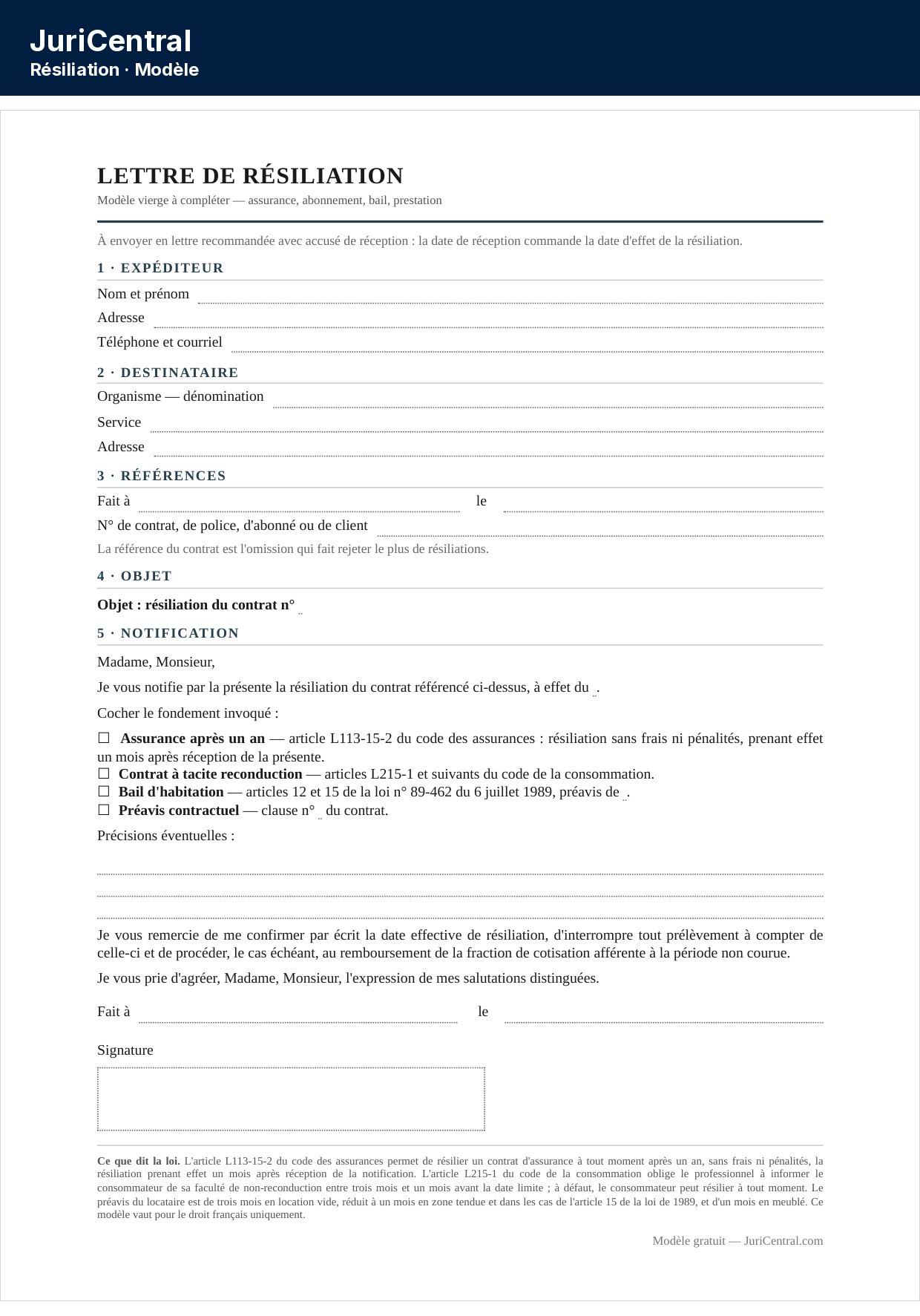 Modèle de lettre de résiliation vierge à remplir, avec le contrat visé, le préavis et la date de fin souhaitée